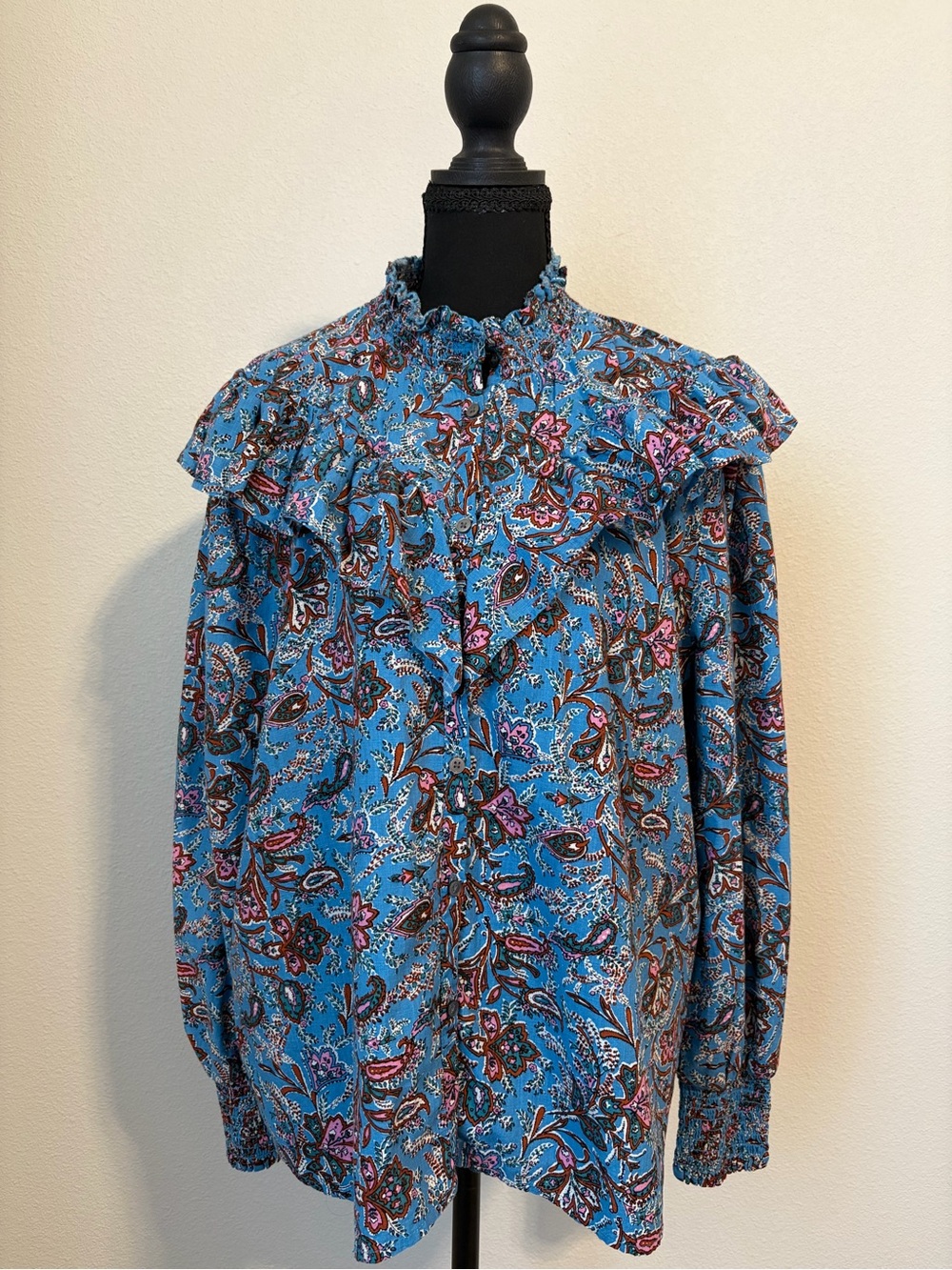 LOFT Blue Floral Paisley Ruffle Shoulder Blouse XL